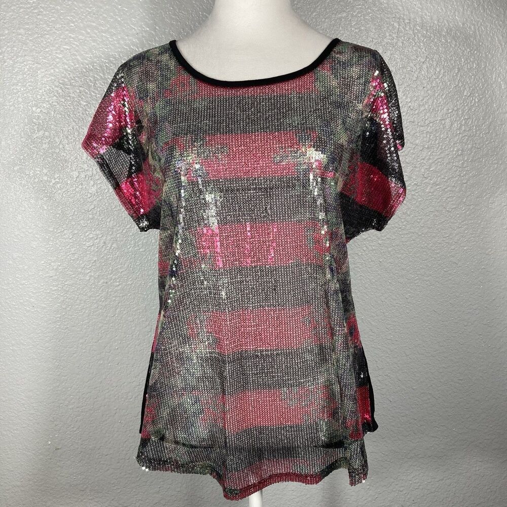 Sequin Top L Floral Sheer Shimmer Blouse Sparkle Whimsigoth Glam Cato - Picture 3 of 14